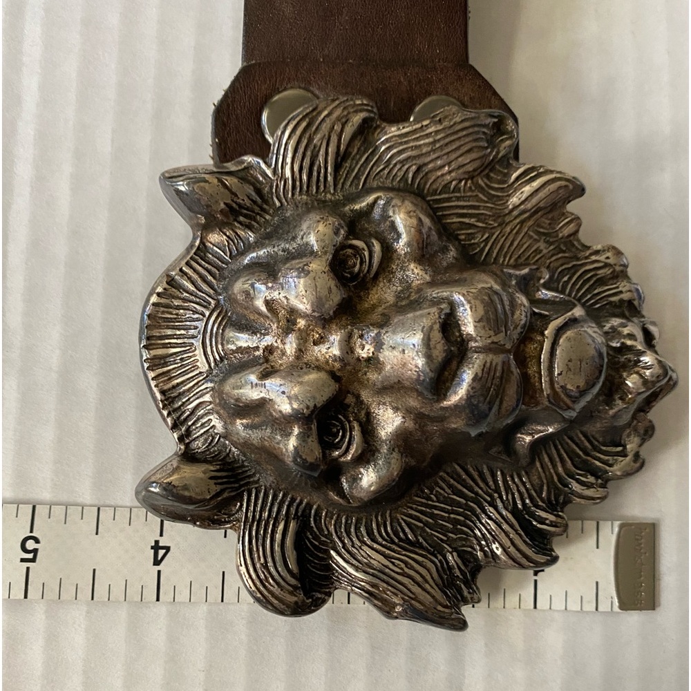 VINTAGE Silver Metal Lion's Head Belt Buckle with Belt Size 34 - Picture 9 of 16